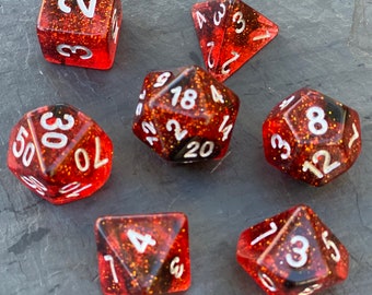 I Cast Fireball - 7 pc Dice Set - Glittering Reds and Swirling Blacks - White Ink - Dungeons and Dragons, TTRPGS