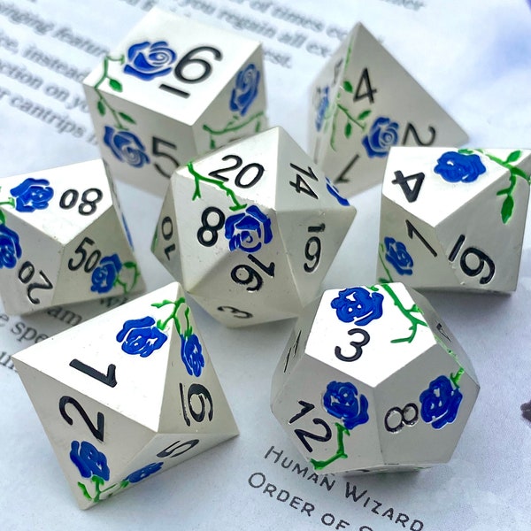 Mithril: Royal - Solid Metal Floral Pattern 7 Piece Sharp Edge Dice Set - Silver With Royal Blue Flowers and Vines- DnD, TTRPGs, Pathfinder