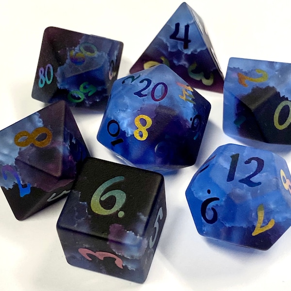 Thunderwave: Real 'Stormwatch' Glass Gemstone 7 Pc Dice Set-NEW Dark Blue to Cerulean Gradient Effect- Rainbow Iridescent Numbers