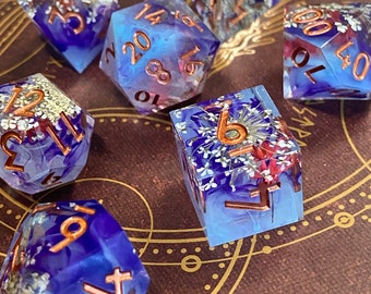 Commune - All NEW Floral 'Magic' Dice Set- Swirling Violet/Blue With White and Ruby Floral Inclusions -Silver Ink -RPG Dice, D&D, Pathfinder