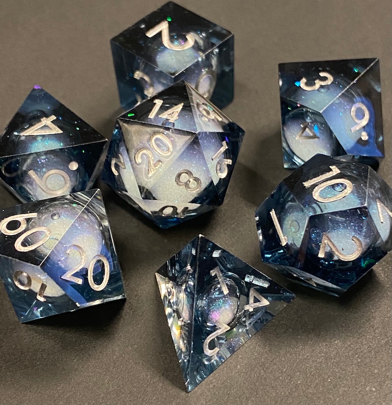 Celestial: Dark Horizons Liquid Core FULL 7 Piece Set Dark Translucent w/ Swirling Iridescent Glitter-TTRPGs Read Description image 3