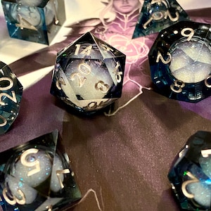 Celestial: Dark Horizons Liquid Core FULL 7 Piece Set Dark Translucent w/ Swirling Iridescent Glitter-TTRPGs Read Description image 4