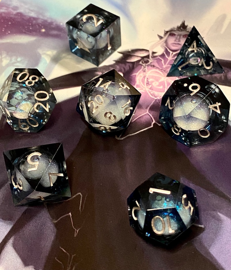 Celestial: Dark Horizons Liquid Core FULL 7 Piece Set Dark Translucent w/ Swirling Iridescent Glitter-TTRPGs Read Description image 1