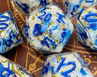 Regency: Gilded- Elegant Layered Pattern Dice Set-Translucent Resin w/ Delicate Blue and Gold Inset-Azure Ink -RPG Dice, DND, Pathfinder