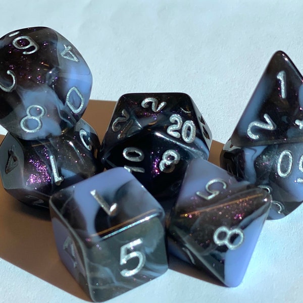 Cloudkill - Glittering Black and Lavender Swirled 7 Piece Dice Set- Silver Ink - Dungeons and Dragons- TTRPGs
