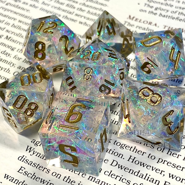 Heroism II- Translucent Clear Sharp Edge 7 Piece Dice Set - Prismatic Foil Inclusions - Gold Ink.  Dungeons and Dragons, TTRPGs