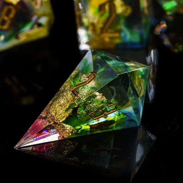 Fortune's Favor II - Premium New Style 7 Piece Dice Set w/ Crystal D4- Ultra Sharp Edge- Translucent Rainbow Effect/Gold Flakes- RPG Dice