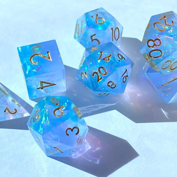 Chill Touch II - Frosty Opal Blue/Matte Lavender Haze 7 Piece Sharp Edge Resin Dice Set - Prismatic Foil Inclusions - Gold Ink- DnD, TTRPGs