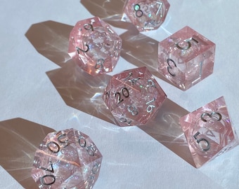 Celestial (Pink)- Liquid Core FULL 7 Piece Dice Set-Translucent With Swirling Iridescent Glitter- DnD, TTRPGs- Read Description-In Stock!