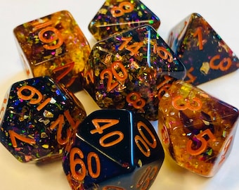 All Hallows - Glittering Blended Orange/Dark 7 Piece Resin Dice set - Packed With Gold Foil and Glitter- Orange Numbering- DnD, TTRPGs