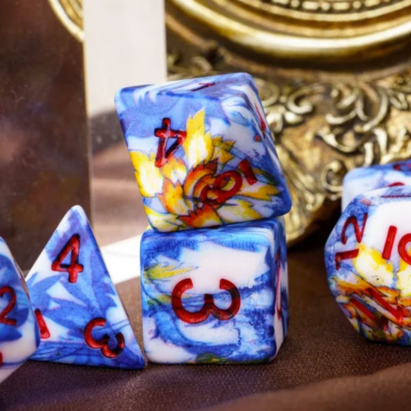 Water Walk-New "Aesthetic Collection" Dice Set- Bright Blue and Yellow Water/Floral Print Dice -Unique Matte Finish- DND, TTRPGs, Pathfinder
