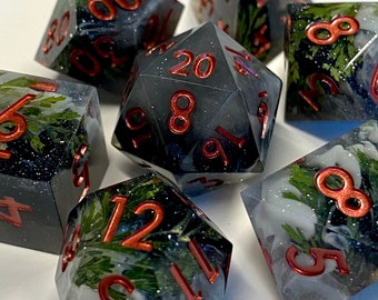 Earthbind- Starry Night Sky/Black/Gray/Cloudy Sharp Edge Dice Set- Real Leaf Inclusions-Rose Copper Ink- DnD, Pathfinder, TTRPGs (pre-order)