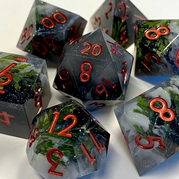 Earthbind - NEW- Starry Night Sky/Black/Gray/Cloudy Sharp Edge Dice Set- Real Leaf Inclusions- Rose Copper Ink- DnD, Pathfinder, TTRPG Dice