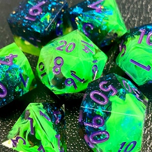 Witch Bolt -NEW-Cosmic Swirled Electric Green Swirl/Black Sharp Edge Dice Set- Vibrant Blue/Green Glitter Inclusions-Violet Ink- DnD, TTRPGs