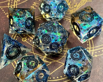 The Orrery: Starlight- Opalescent Prismatic 7 Pc Sharp Edge Dice Set- Starfire and Flame Portal Patterns On Each Face- D&D Dice, TTRPGs
