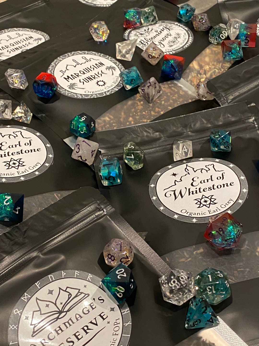 D & Tea Choose Your Own Premium Sharp Edge Dice Set and Nerdy Tea