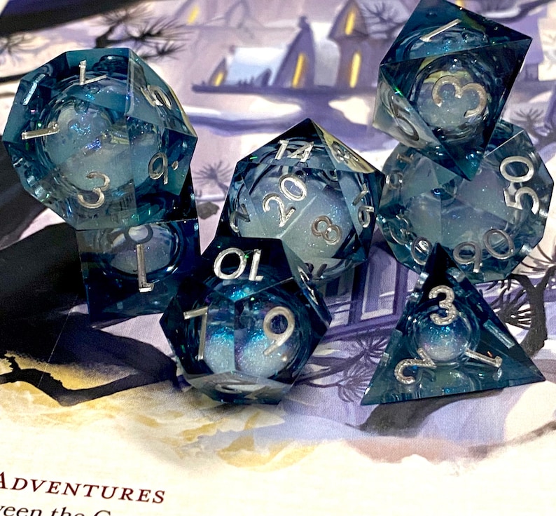 Celestial: Dark Horizons Liquid Core FULL 7 Piece Set Dark Translucent w/ Swirling Iridescent Glitter-TTRPGs Read Description image 2