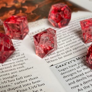 Vampiric Touch- Clear Resin 7 Piece Or 10D 10 Dice Set With Crimson Swirls-Gloss Finish-Hand Painted To Order- Platinum, Gold or Matte Black
