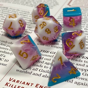 Snowmelt- New Style 7 Piece Dice Set - Tri Color Acrylic- Sky Blue and Fuchsia, with Snowy White "Melt" Effect- Gold Numbers- DnD, TTRPGs