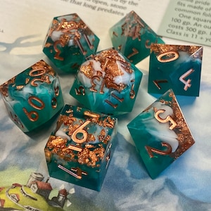 Elysium - NEW- Cosmic Swirled Emerald Jade/Cloudy White Sharp Edge Dice Set- Vibrant Copper Flake Inclusions-Copper Ink- DnD, Pathfinder