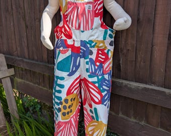 Bright patterns kids dungarees: Upcycled and Reworked childrens clothing-Age 7-8 Years