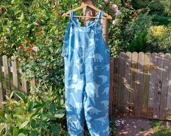 Dinosaur dungarees ladies size 12. Blue. Reworked textiles.