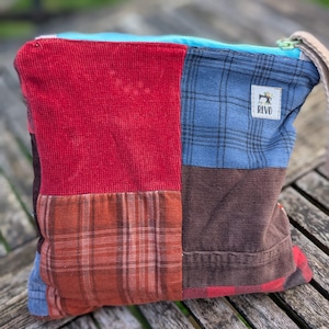Bolsa de artículos de tocador con patchwork, bolsa de pana, bolsa para monedas, estuche para lápices, monedero, rústica, neutral en cuanto al género, ecológica, linda bolsa de maquillaje, reelaborada.