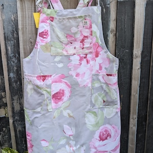 dress size 12, floral dress, short pinafore dress, dungarees dress, tie top dress, apron dress, mini dress, pockets dress, pink dress