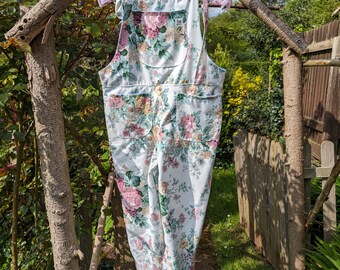 dungarees size 6-8,  handmade pink  floral Dungarees, floral overalls, coveralls, jumpsuit. Petite dungarees