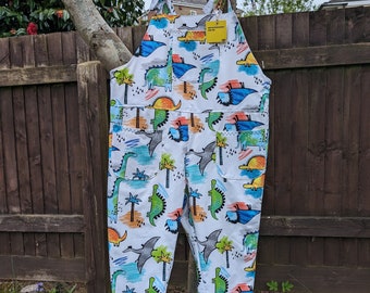 dungarees size 16,  dinosaur Dungarees green, blue and white character  overalls, coveralls dinosaurs, jumpsuit. Sustainable fashion