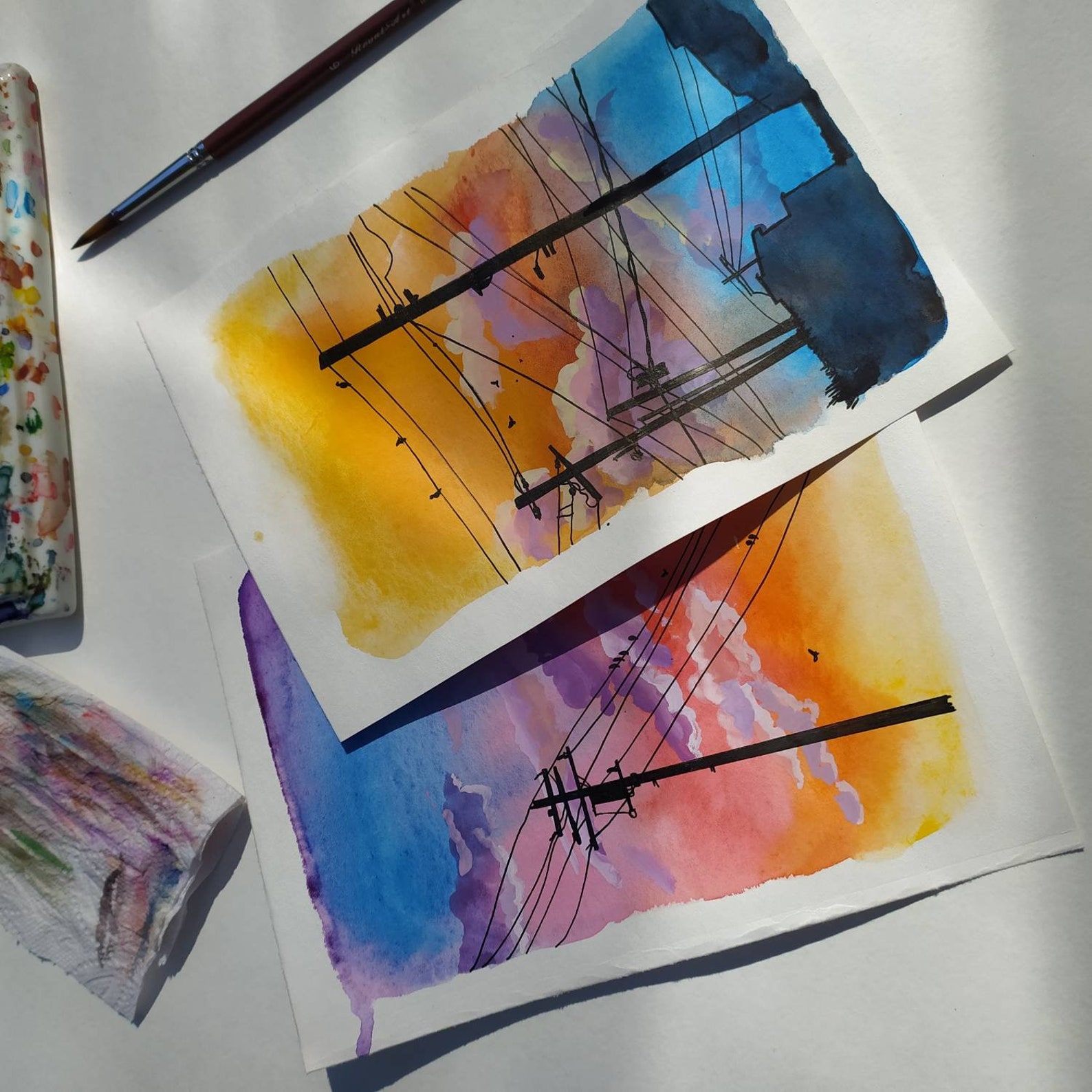 Two original watercolor arts aesthetic sunset sky clouds Etsy