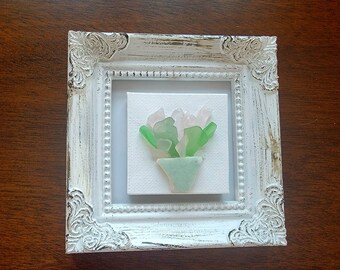 Mini Framed Sea Glass Flowers in Sea Pottery Shard Pot on Canvas 2"x 2" (4x4 framed)