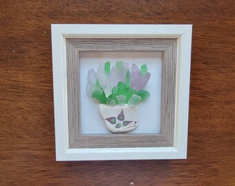 Mini Framed Sea Glass Flowers in Sea Pottery Shard Pot on Canvas 3"x 3" (4x4 framed)