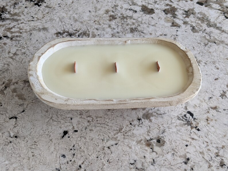 White 3 Wick Wooden Dough Bowl Candle