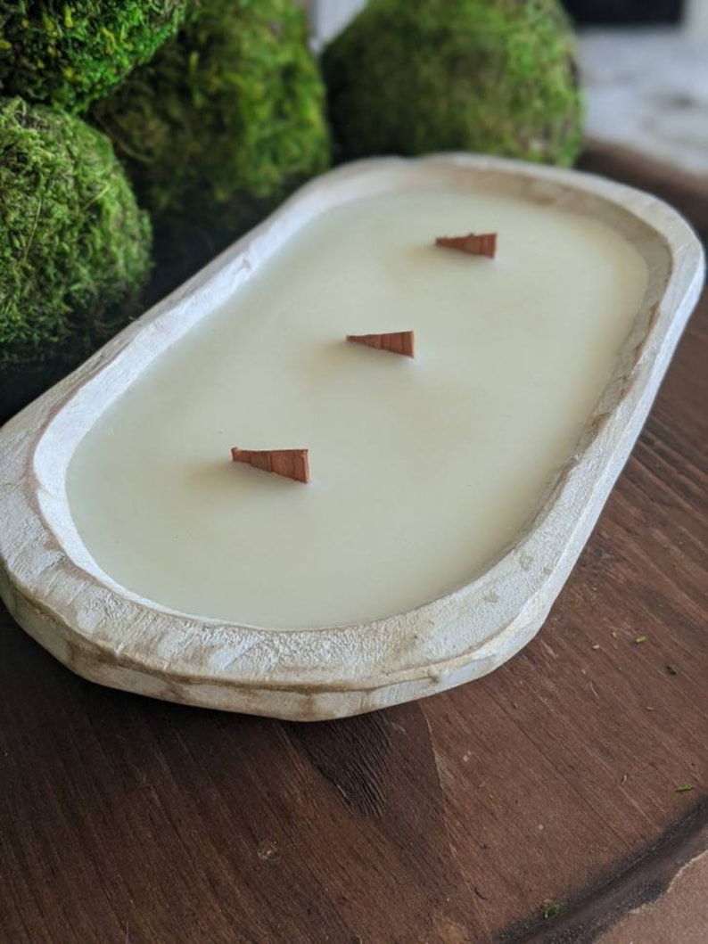 White 3 Wick Wooden Dough Bowl Candle