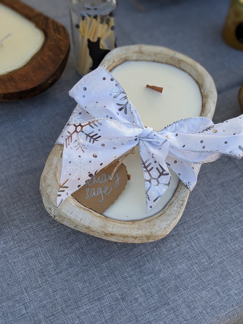 White 3 Wick Wooden Dough Bowl Candle