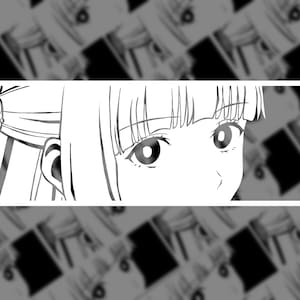 May include: Black and white anime-style illustration of a person's face, framed in a white rectangle. The image features the eyes, part of the ear, and hair of the character. The background is a repeating pattern of the same image.