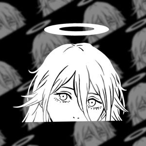 May include: A black and white illustration of a manga-style character with a halo above their head. The character's face is the focal point, with detailed eyes and flowing hair. The background features a repeating pattern of the character's face and halos.