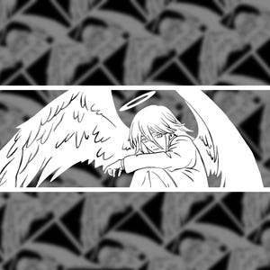 May include: A white line art illustration of an angel with large wings and a halo. The angel is seated with its head resting on its arm. The image is set against a repeating black and white pattern of angel wings.