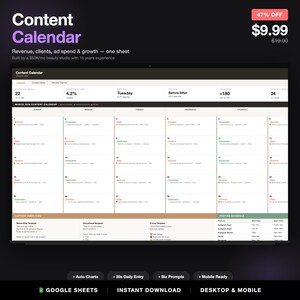Może przedstawiać: Cyfrowy kalendarz treści z tytułem "Content Calendar" w kolorze fioletowym. Kalendarz zawiera sekcje dotyczące przychodów, klientów i wydatków na reklamę. Posiada promocję 47% zniżki za 9,99 zł. Zawiera automatyczne wykresy, 30-sekundowe codzienne wpisy, podpowiedzi biznesowe i funkcje mobilne.