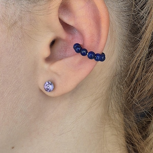 Ear Cuff blau aus Lapislazuli Edelstein, goldene Ohrmanschette, Stapelringe aus Perlen, Ohrschmuck für Ohrmuschel, Ohrklemme, Ohrklammer