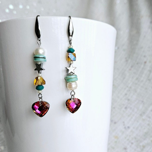 Silver asymmetric hanging earrings, earrings with crystal, long earrings, unequal earrings, various earrings, colorful boho earrings