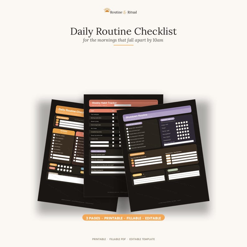 ADHD Daily Routine Checklist | Dark Mode | Printable + Fillable PDF ...