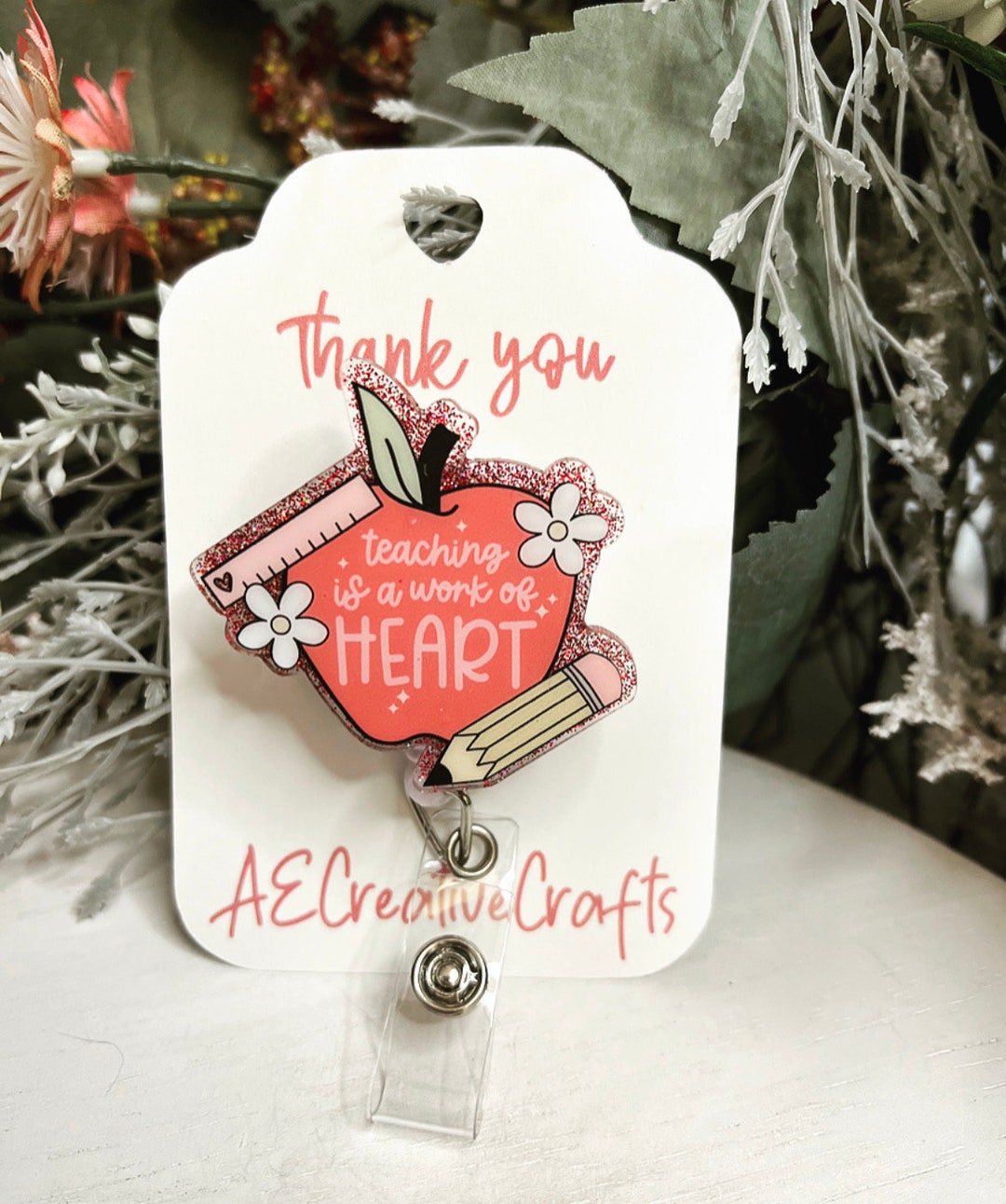 Apple Teacher Badge Reel Teacher ID Holder Glitter Education Key Card