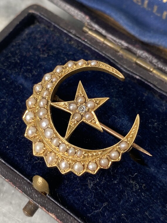 Victorian 18ct Gold, Pearl And Diamond Crescent Mo