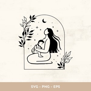 Madre lactante y bebé clipart SVG, Línea dibujo mamá, Día de las Madres, Baby shower, Guardería, Maternidad, Vector Mágico para Cricut & Silueta
