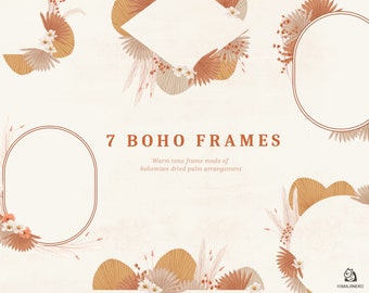 Boho Dried Palm Frame, Wedding Instagram Post Boho Clipart, Bohemian Pampas PNG Commercial use, Warm Earth Tone Dried Leaves, Autumn Clipart