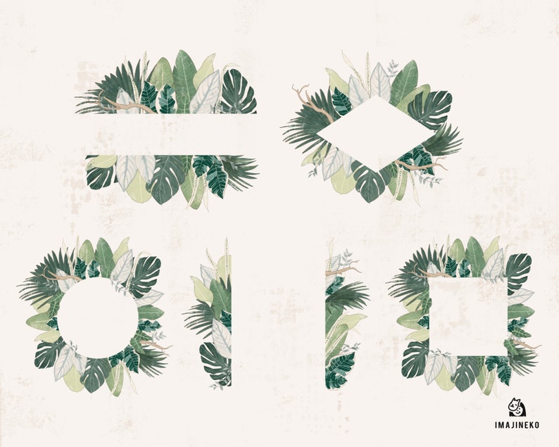 Green Tropical Frames Clipart Set, Rustic Tropical Leaves Frames PNG ...