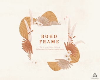 Boho Dried Palm Frame, Wedding Boho Clipart, Bohemian Pampas Clipart PNG, Commercial use, Warm Earth Tone Dried Leaves