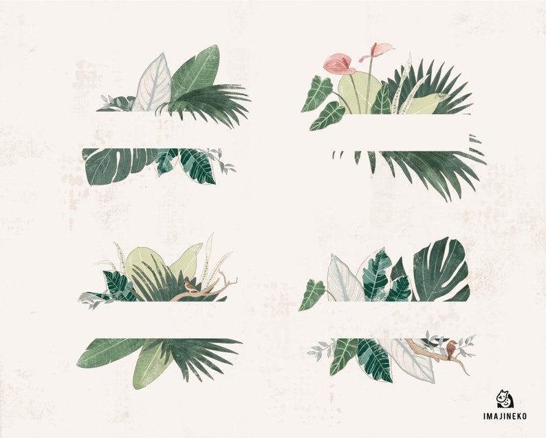 Green Tropical Frames Clipart Set, Rustic Tropical Leaves Frames PNG ...